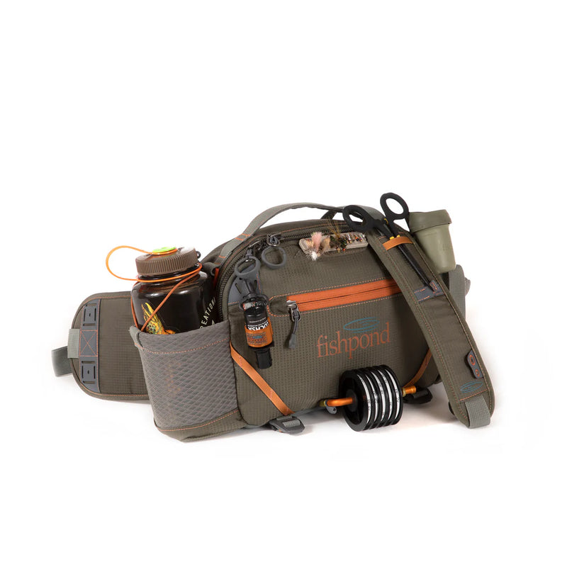 Load image into Gallery viewer, Lumbar fishing pack in dark gray with orange zipper trim and multiple front compartments
