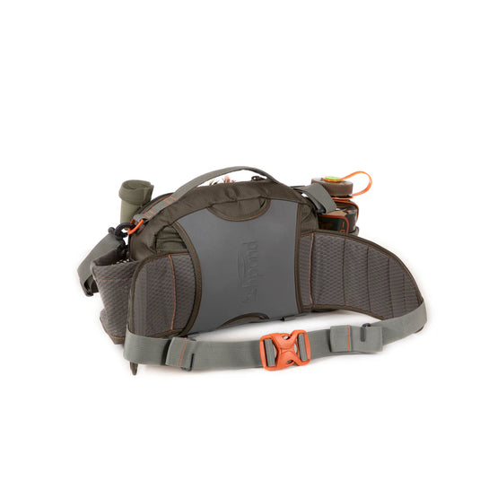 Lumbar fishing pack backside with gray mesh panel, straps, and orange accents