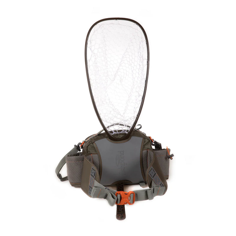 Load image into Gallery viewer, Lumbar fishing pack opened with clear-mesh lid, gray interior, and orange latch
