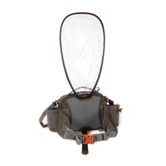 Lumbar fishing pack opened with clear-mesh lid, gray interior, and orange latch