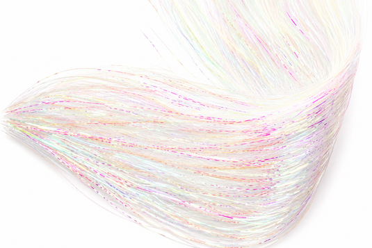 Iridescent white filament tinsel bundle with pink rainbow highlights