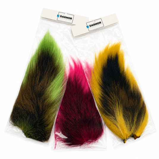 Bucktail hair assortment in clear bags, with green, pink, and yellow tails