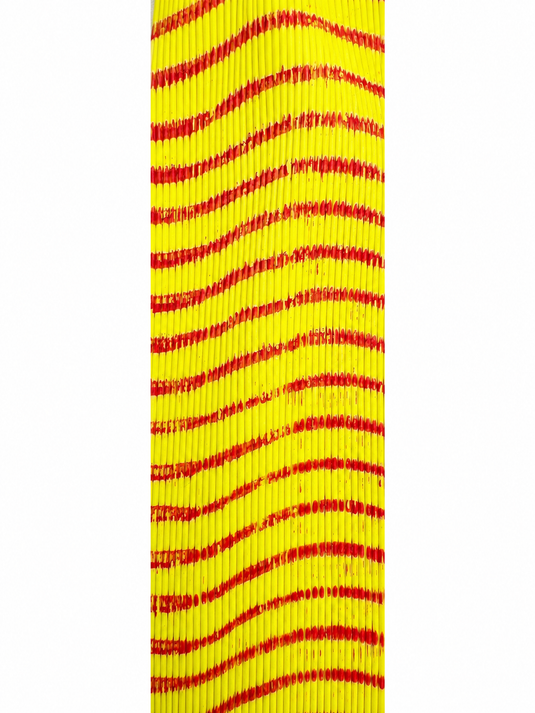 Barred round rubber strip in yellow with red stripe wavy pattern, medium