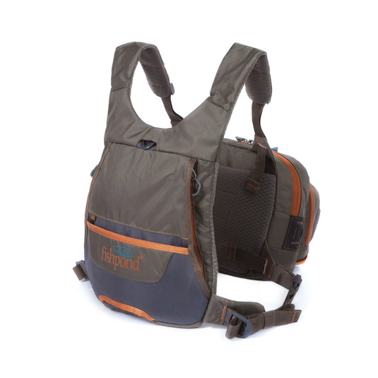 Chest pack with orange piping, mesh side panels, front buckle straps