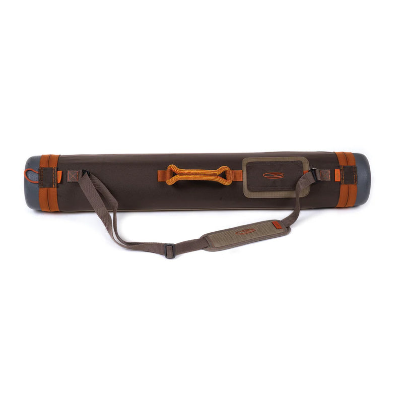 Load image into Gallery viewer, Rod tube case with dark body, orange trim, carry handle and shoulder strap
