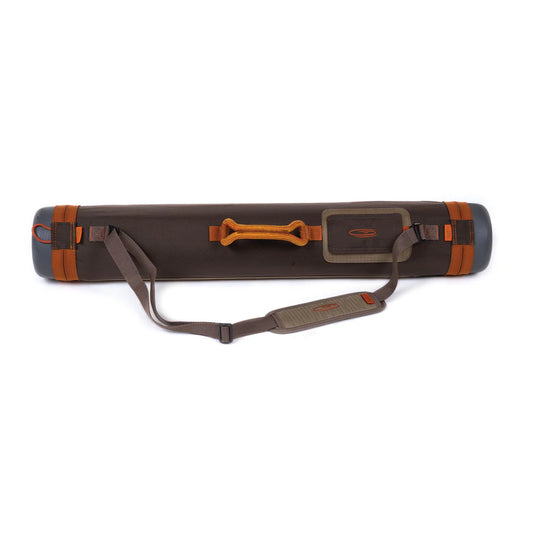 Rod tube case with dark body, orange trim, carry handle and shoulder strap