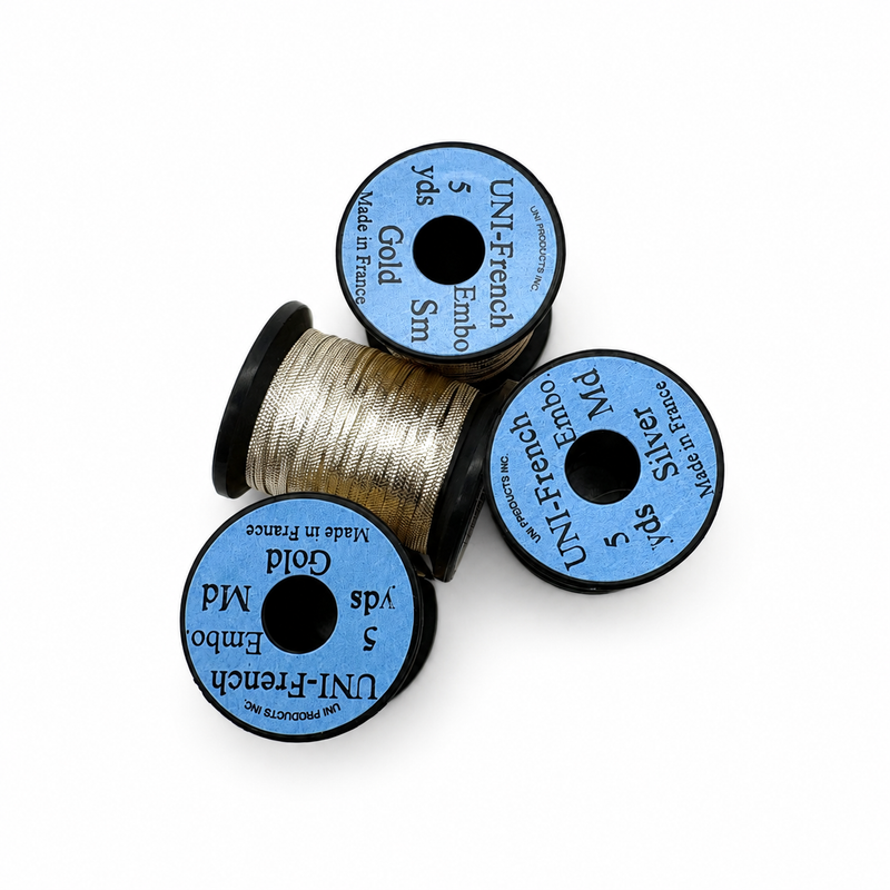 Load image into Gallery viewer, Embossed metallic thread spools in silver and gold on black bases

