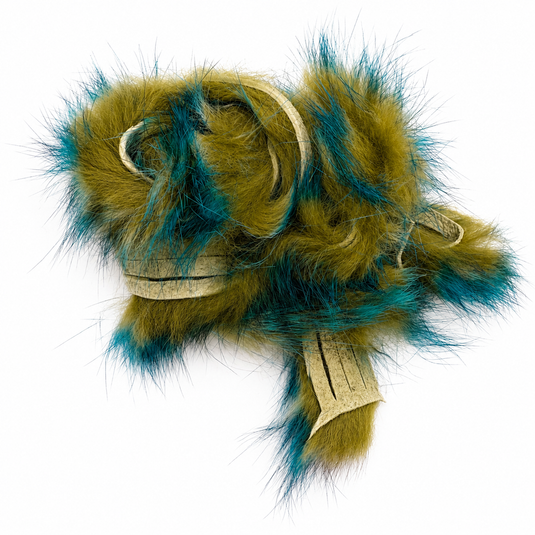Rabbit fur strip, olive yellow with blue accents and light gray loops