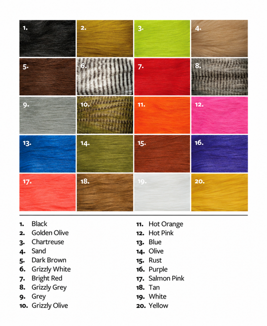 Craft fur color swatch chart with multiple dyed hair strips