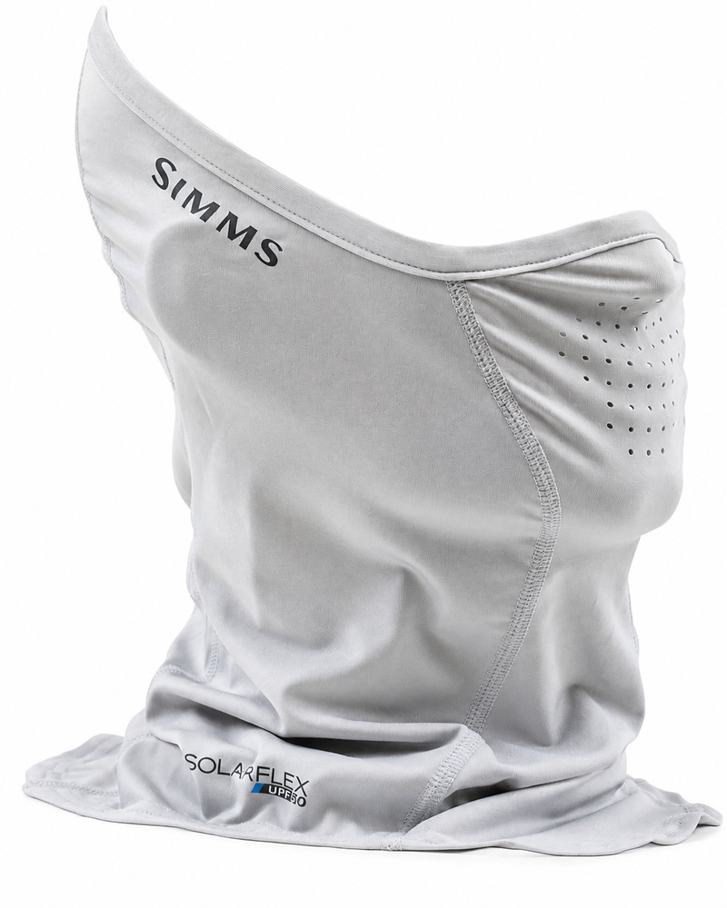 Load image into Gallery viewer, Simms Sungaiter neck gaiter, light gray fabric with perforated side panel
