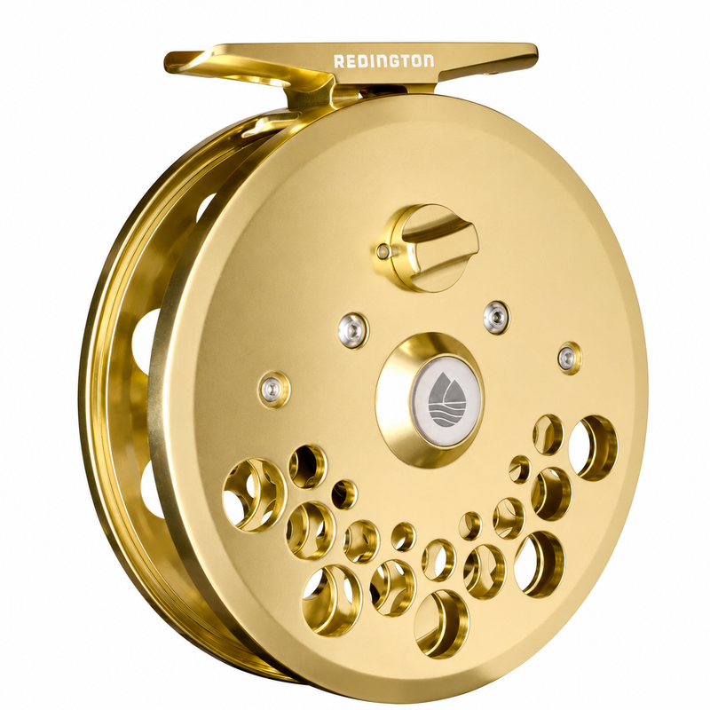 Load image into Gallery viewer, Gold fishing reel with perforated spool and dark handle knob, front view
