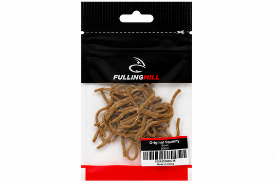 Tan squirmy fishing lure loops in retail bag