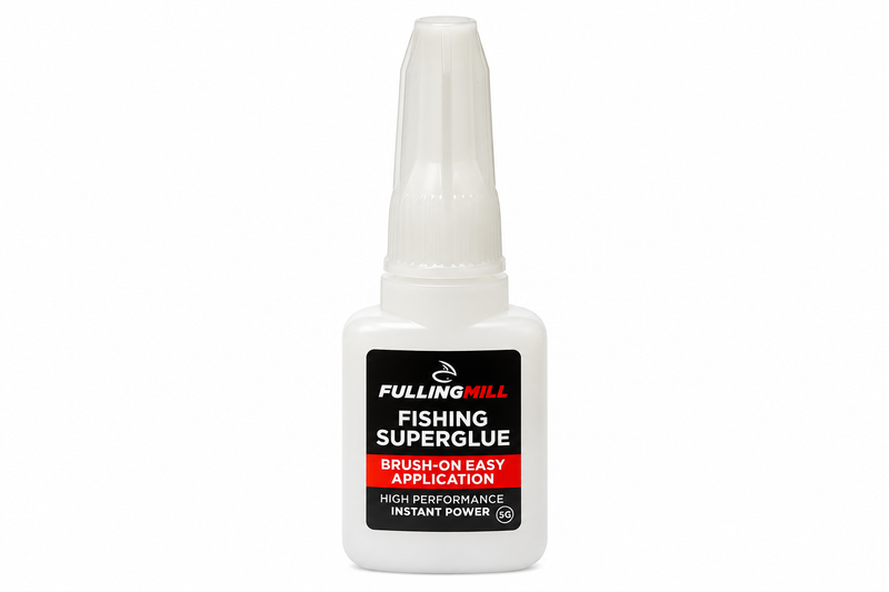 Load image into Gallery viewer, Fulling Mill Fishing Superglue bottle with black label and brush-on application text
