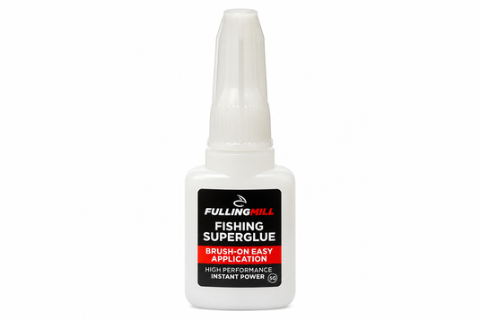 Fulling Mill Fishing Superglue bottle with black label and brush-on application text