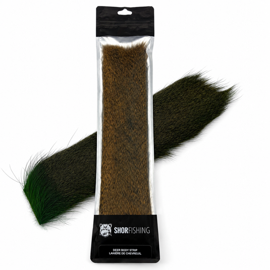Deer body strip fur, dark brown and tan, in sealed retail package
