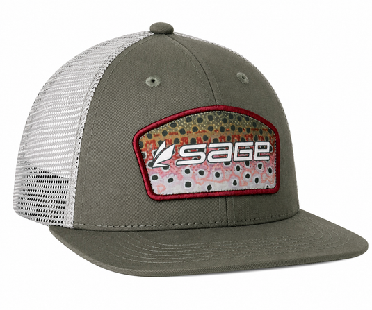 Charcoal green trucker cap with white mesh back and Sage trout front patch