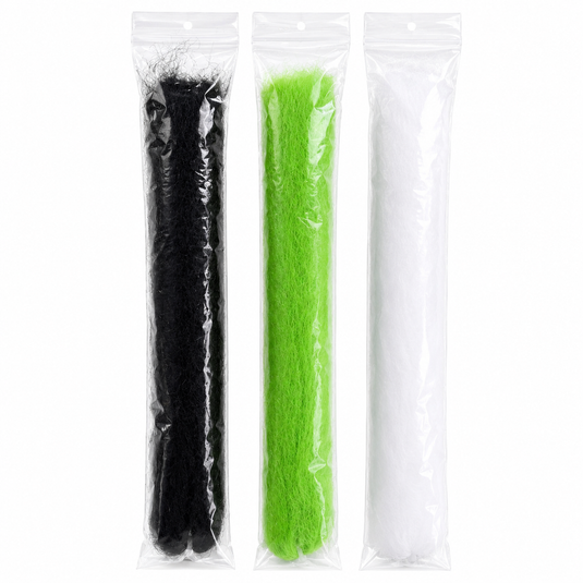 Fishing fiber substitute in plastic bags: black, green, and white strands.