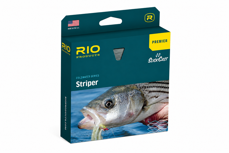 Load image into Gallery viewer, Striper fly line box with Premier Striper label and RIO Products branding
