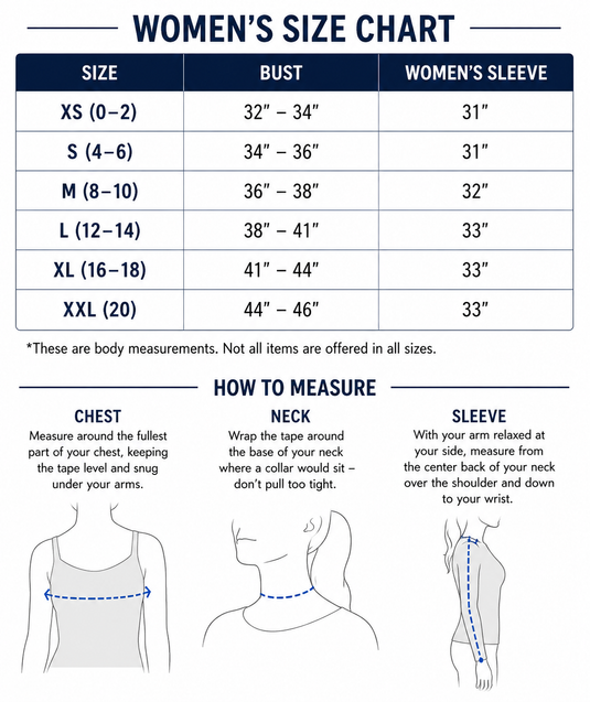 Women’s size chart and how-to-measure guide for fleece hoodie sizing