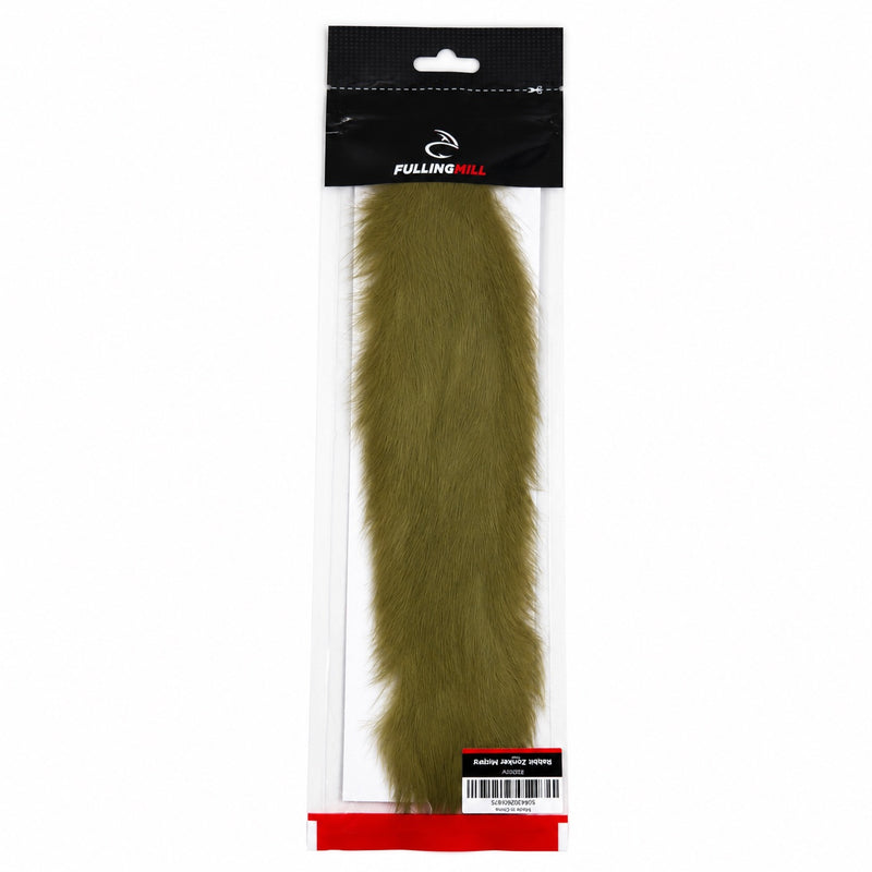 Load image into Gallery viewer, Micro rabbit zonker fur strip in olive green, sealed in a hanging pouch
