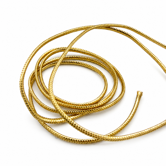 Gold mylar piping cord set with multiple coiled lengths and frayed ends