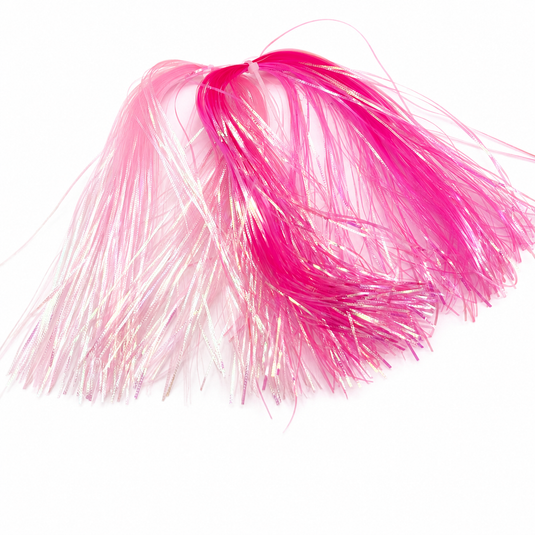 Hot pink corrugated flash strands head with gathered ties and loose fringe ends