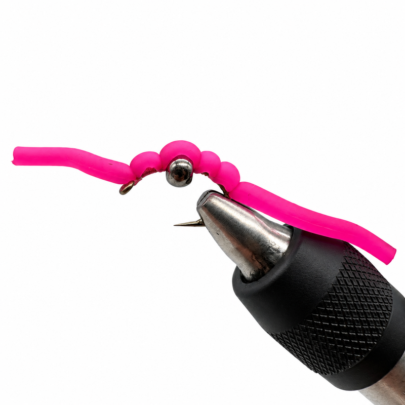 Load image into Gallery viewer, Pink squirmy worm fishing lure with silver hook and black foam jig head
