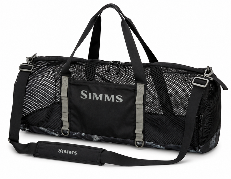 Load image into Gallery viewer, Mesh duffel bag in black with Simms logo, zip front and adjustable strap.
