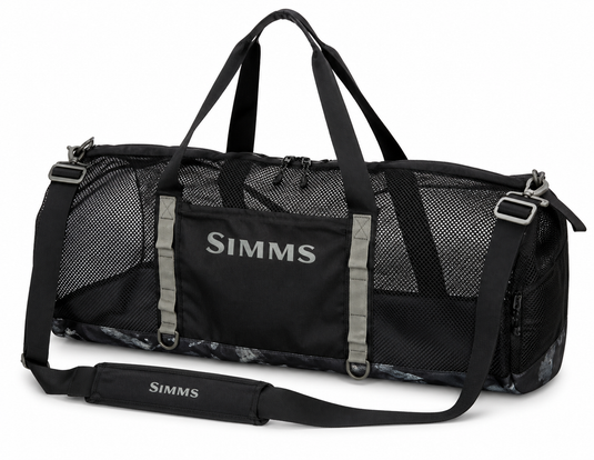 Mesh duffel bag in black with Simms logo, zip front and adjustable strap.