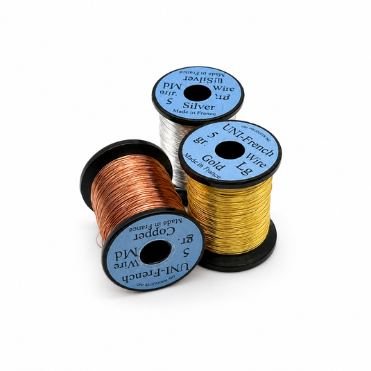 French wire spools in copper, gold, and silver on one display