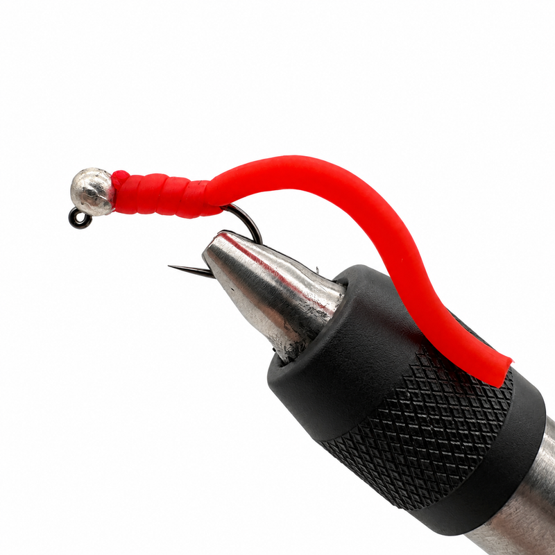 Load image into Gallery viewer, Red squirmy worm fishing lure with slotted tungsten head, metal bead, and barbed hook
