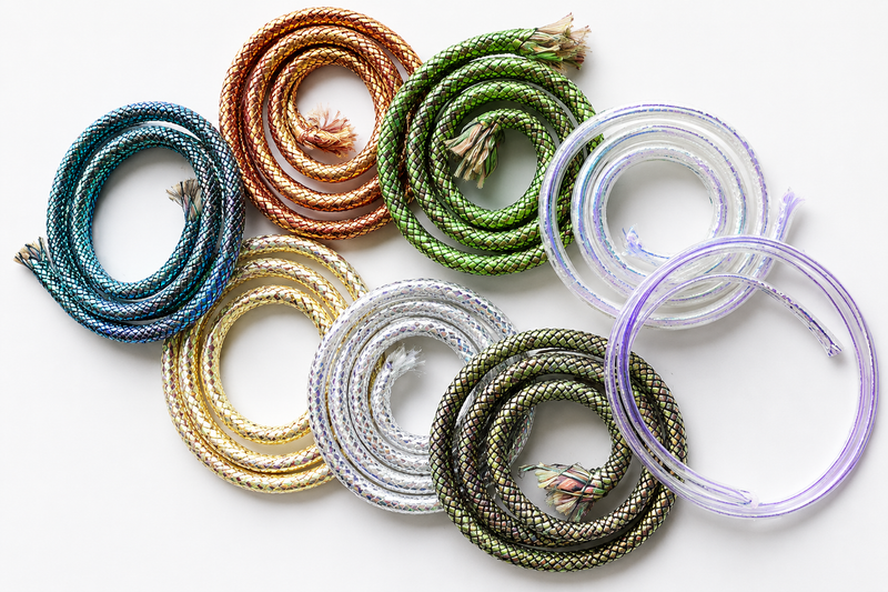 Load image into Gallery viewer, Flashabou Minnow body lure strands in loops, iridescent pearl-silver and green tones
