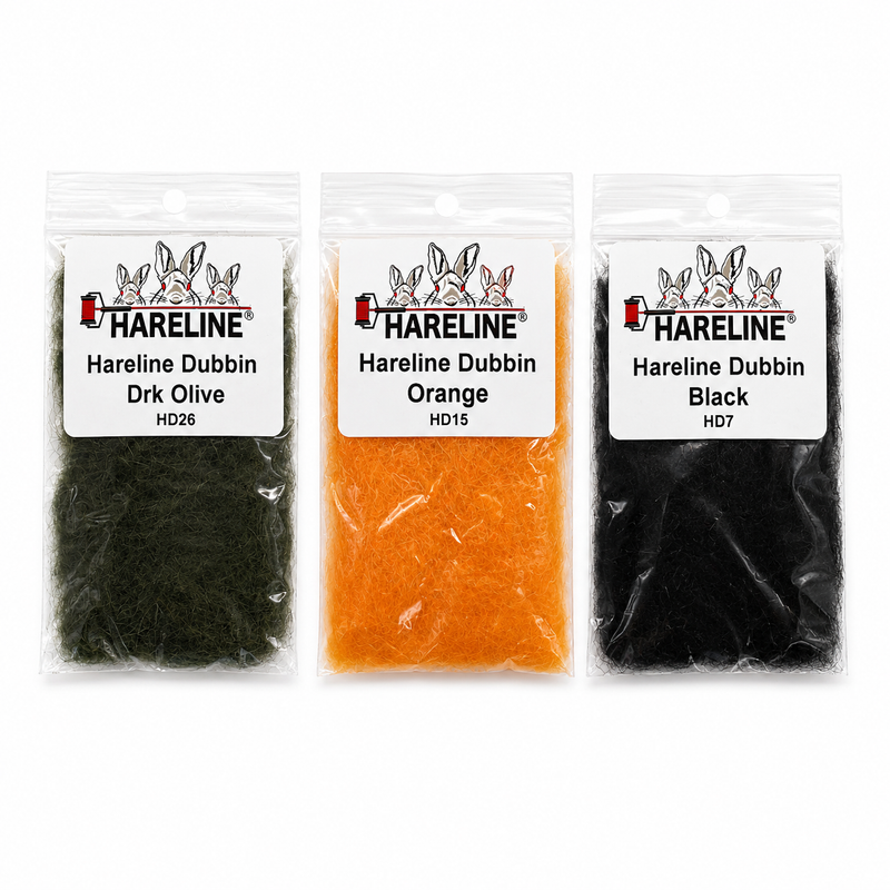 Load image into Gallery viewer, Hareline Dubbin dubbing packs in dark olive, orange, and black (sealed)
