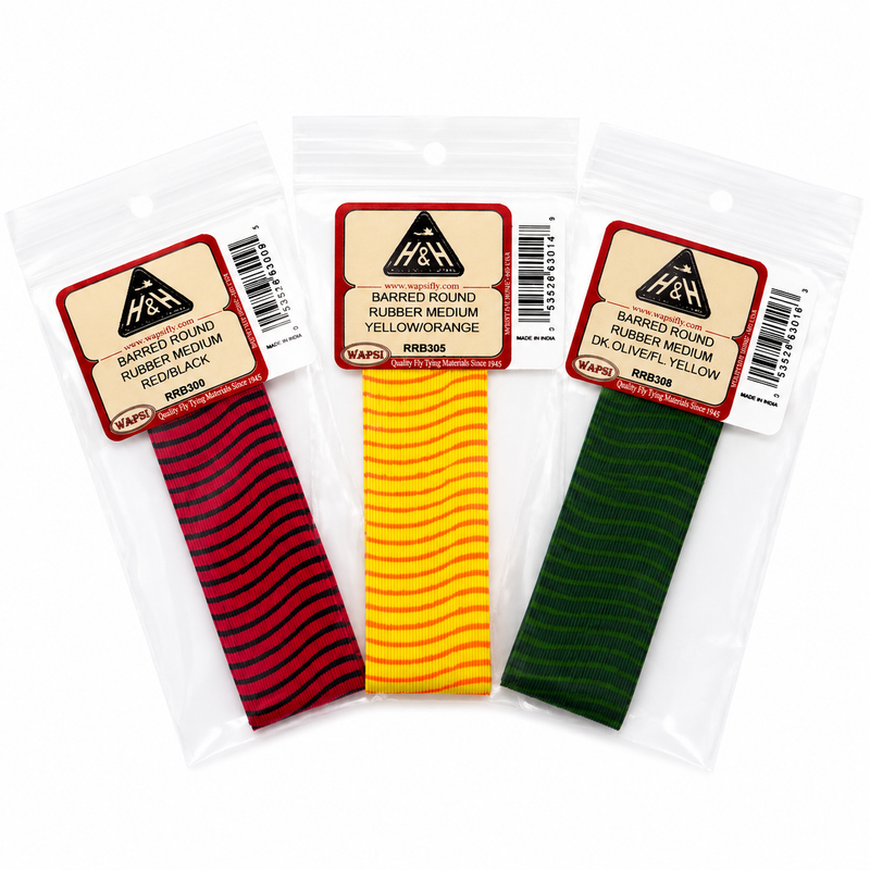 Load image into Gallery viewer, Barred round rubber strips assortment: red/black, yellow/orange, and dark green stripes, sealed packs
