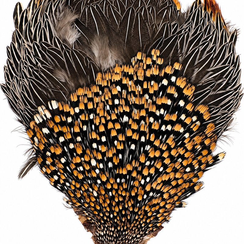 Load image into Gallery viewer, Jungle cock feathers close-up, black quill fan with gold-orange and white dot pattern.

