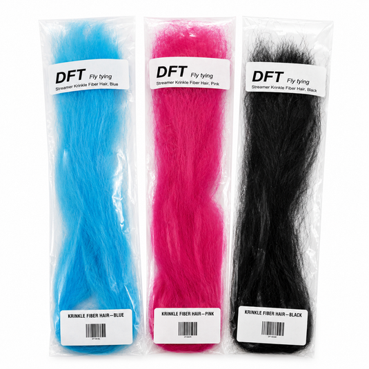 Packaged crinkle-fiber hair streamers in blue, pink, and black