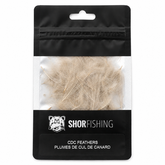 CDC feathers pouch with beige-white feathers visible in plastic window