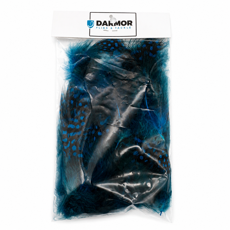 Load image into Gallery viewer, Guinea fowl feathers in Kingfisher Blue, speckled white, sealed in a bag.
