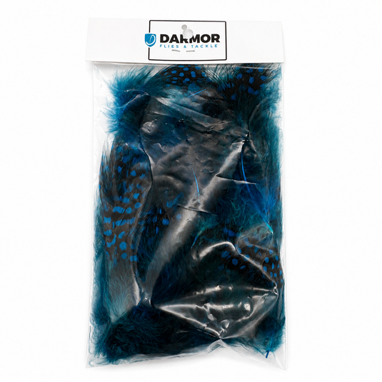 Guinea fowl feathers in Kingfisher Blue, speckled white, sealed in a bag.