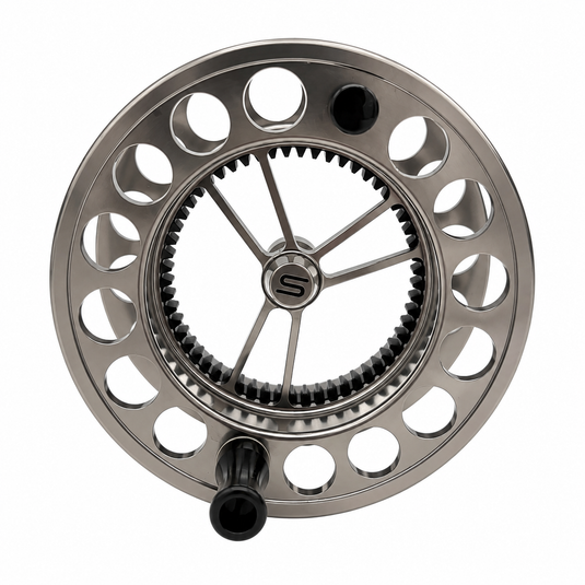 Silver-gray spare spool reel with toothed gear ring and black handle knob