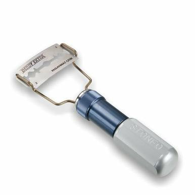 Razor holder with blue handle and metal frame for securing a safety razor