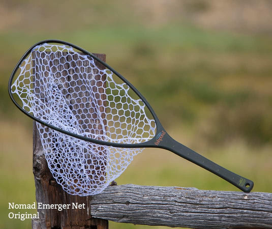 Fish landing net with white mesh and dark handle, oval hoop