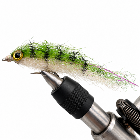Green-and-black anchovy-style fishing lure with purple accents, large eye, and metal hook