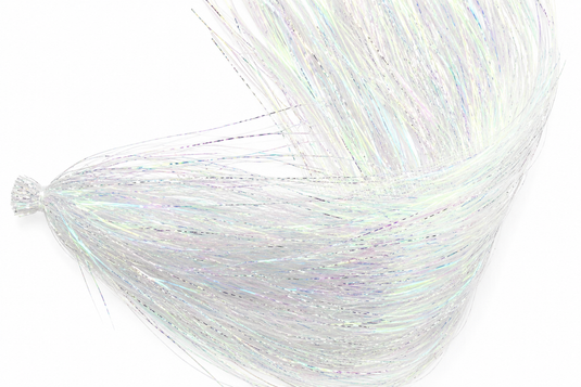 Iridescent silver-white filament tinsel bundle with tied end