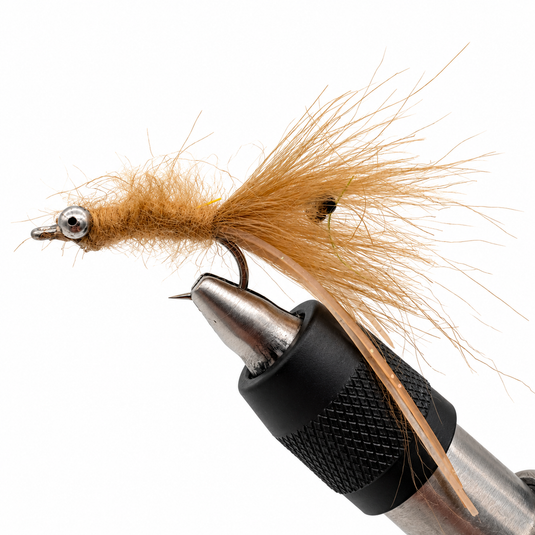 Cuban shrimp fly: metallic cone head, black collar, tan hair body
