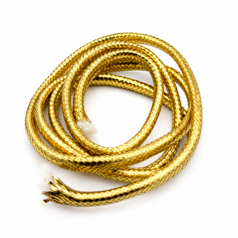 Load image into Gallery viewer, Gold mylar piping cords, braided hook-and-hackle trim in coiled loops
