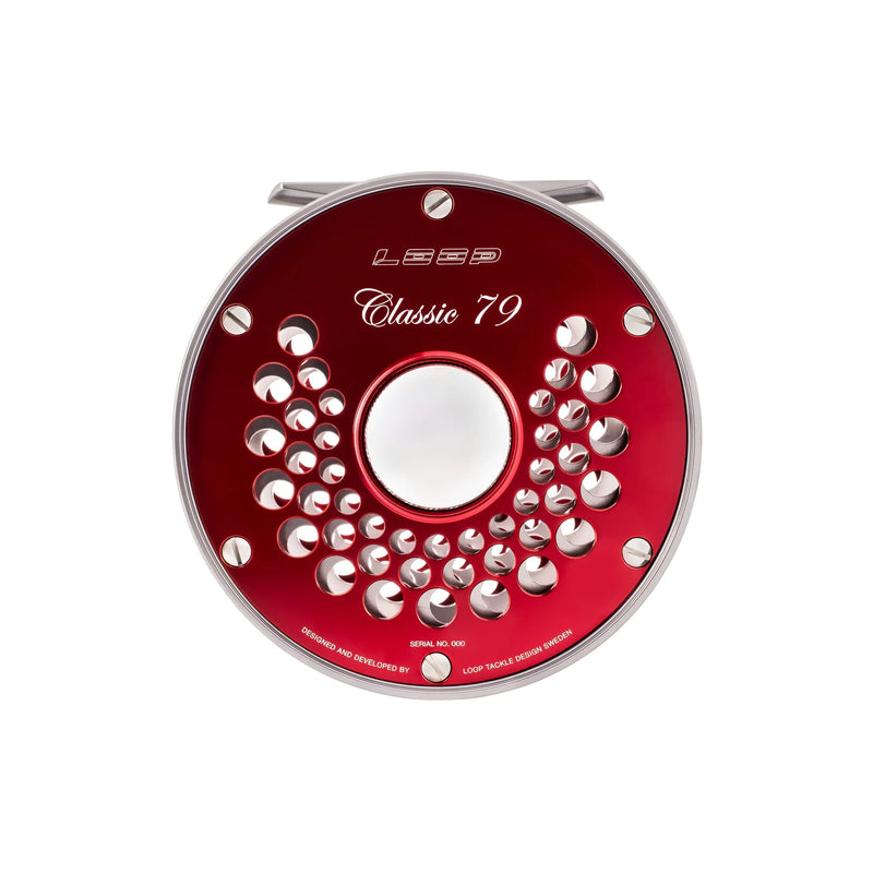 Load image into Gallery viewer, Red fishing reel spool with perforated ring and circular center opening
