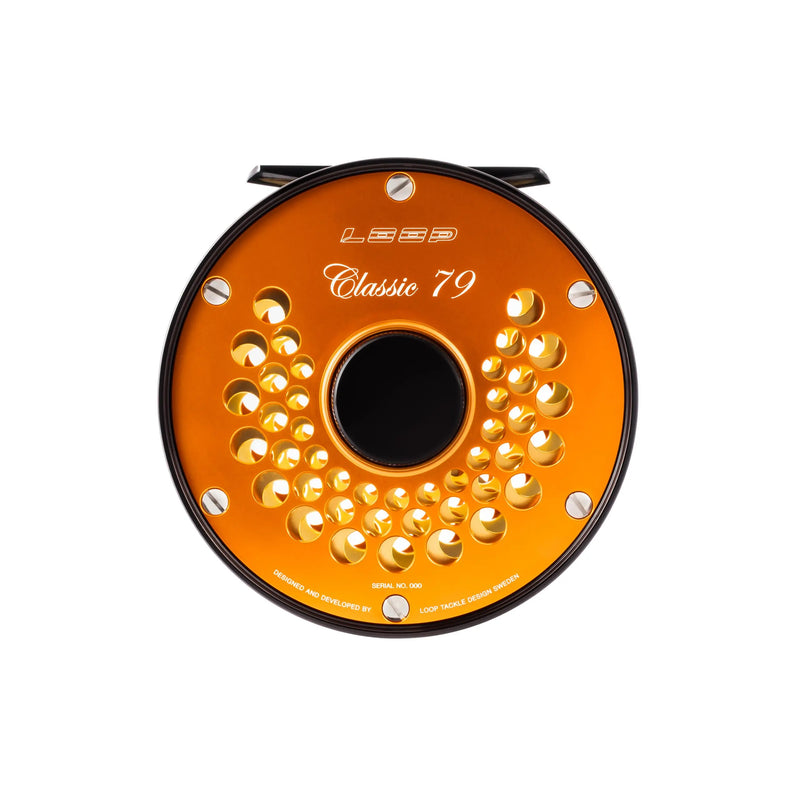 Load image into Gallery viewer, Fly fishing reel, orange spool with perforated face and Classic 79 marking
