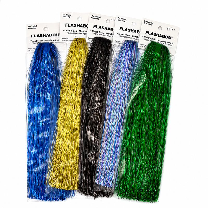 Load image into Gallery viewer, Assorted Flashabou tinsel packs showing blue, yellow, black, blue steel, and green
