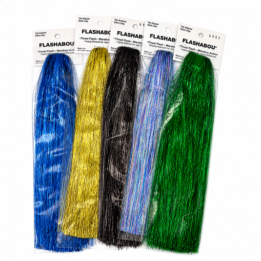 Assorted Flashabou tinsel packs showing blue, yellow, black, blue steel, and green